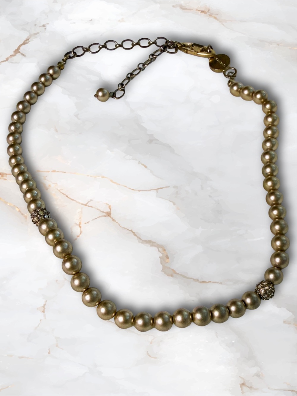 Vintage Givenchy Bronze Faux Pearl Choker Necklace Pavé Crystal Accents - Picture 3 of 17